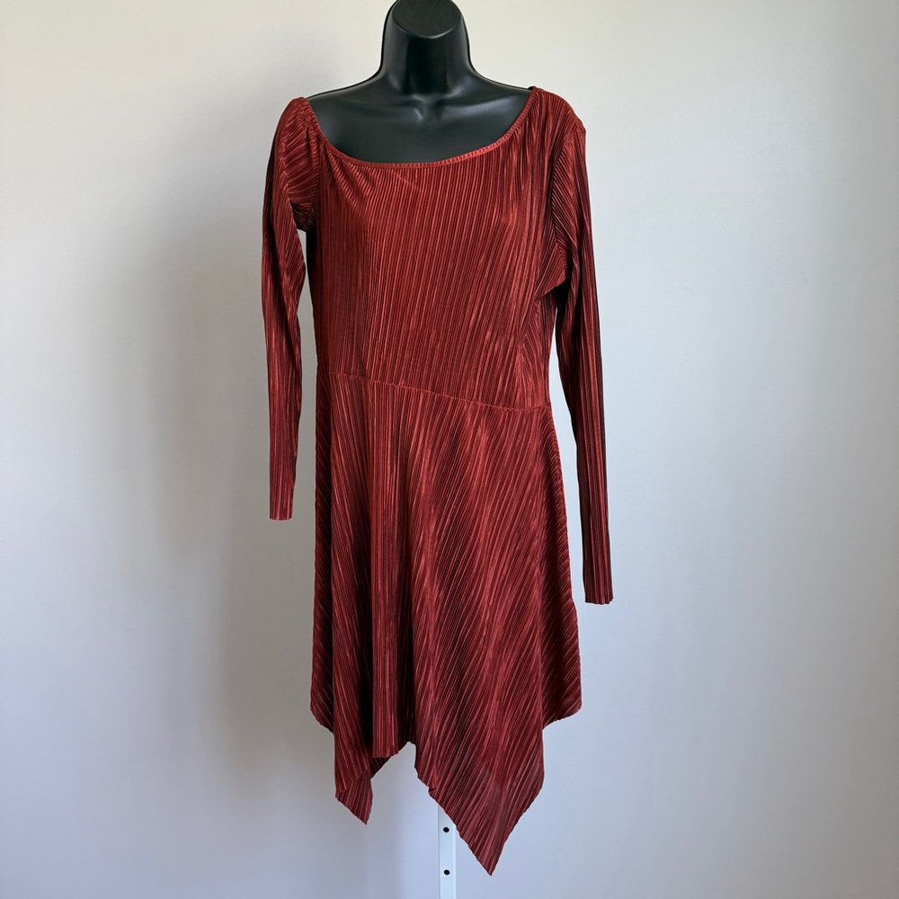 ASOS Boho Relaxed Witchy MobWife Lagenlook Plisse Asymmetric Dress 10 Rust Red